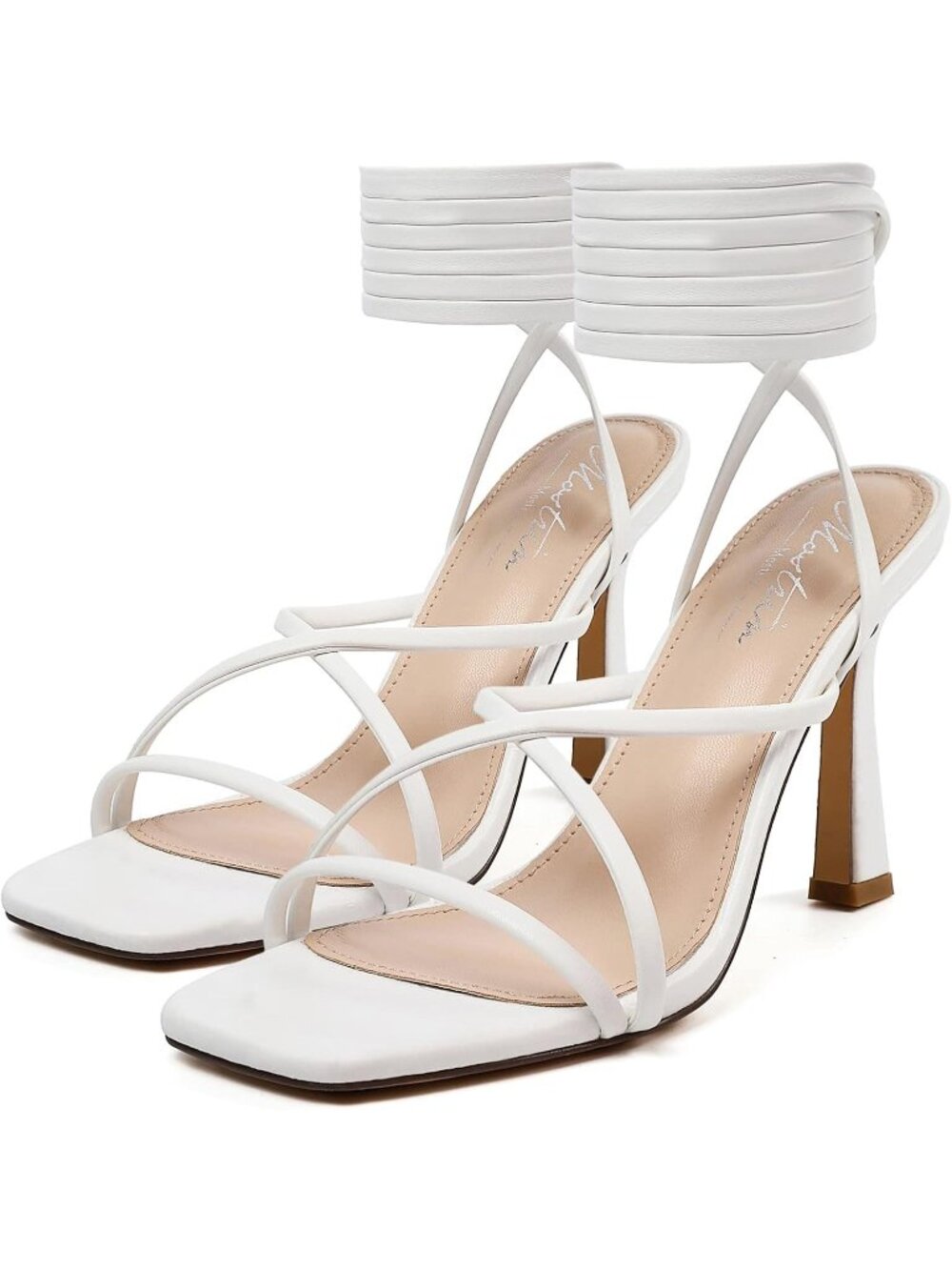 Women's White Strappy Heels Lace Up Square Open Toe Heels Tie Up High Heels